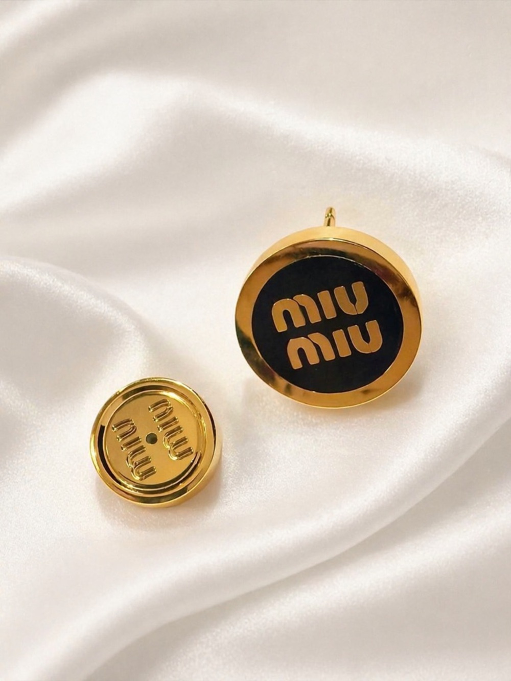 Miu Miu Gold Tone Enamel Logo Stud Earrings Black Round Italy